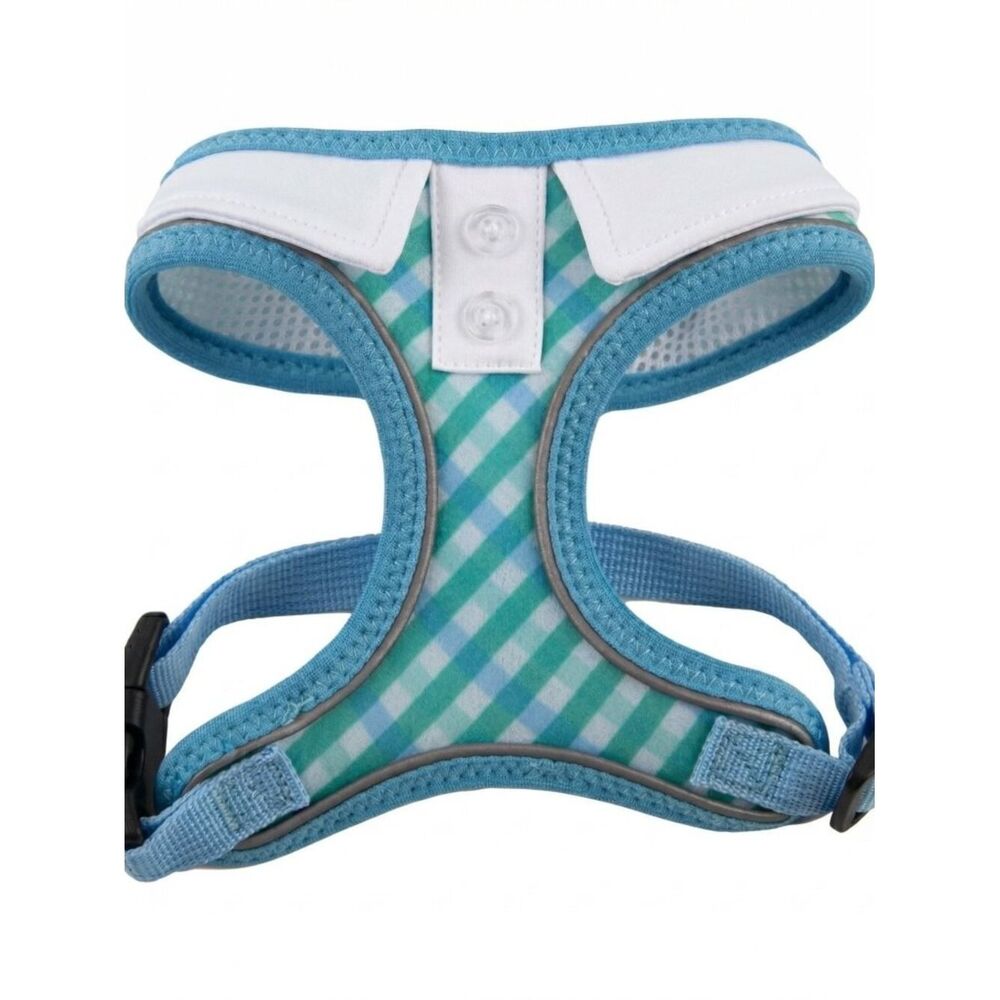 Pet Reflective Harness Vest - Blue Gingham White Collar - SZ M, 16 - 22" chest